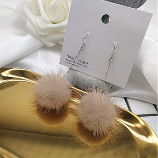 秋冬s925银貂毛绒球耳环韩国长款毛球防过敏气质毛绒耳饰支持定制