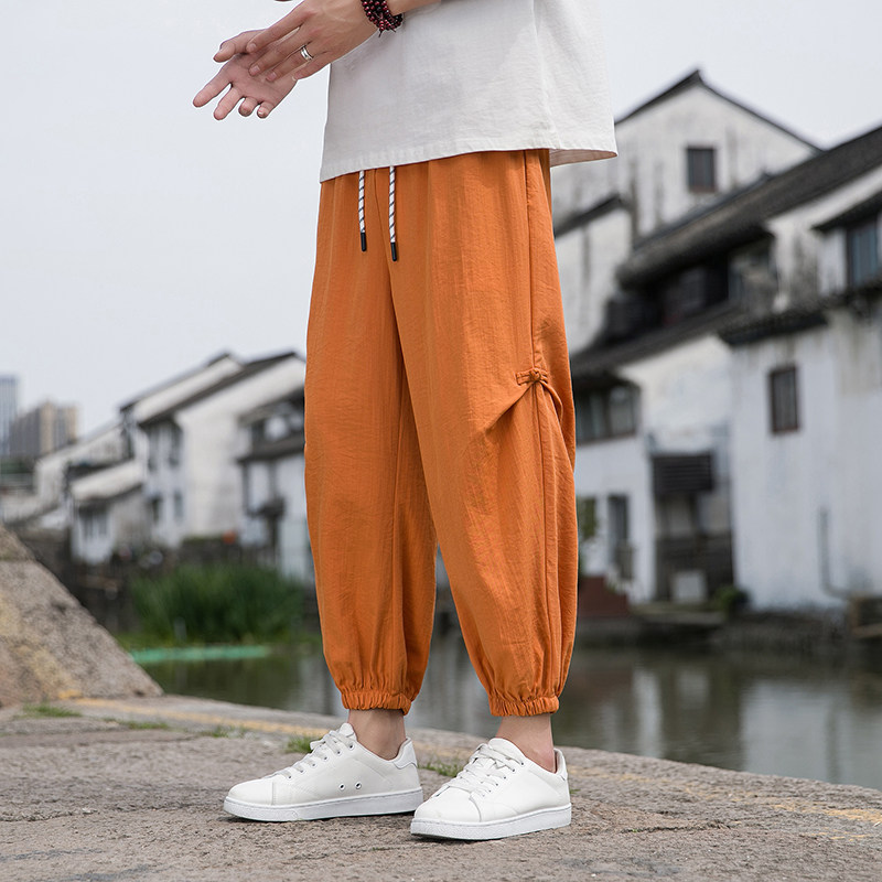 风夏季中式潮牌男同款盘扣冰丝薄款透气休闲阔腿裤子M809-P55,男装休闲裤,四季星座220-1