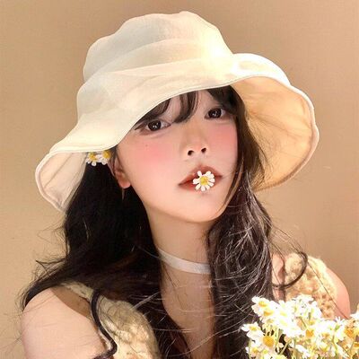 欧根纱渔夫帽女夏季韩版百搭显脸小水桶帽日系大头围遮阳防晒帽子