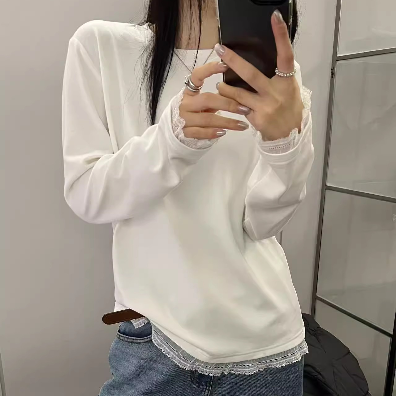 拼接蕾丝假两件加薄绒打底衫