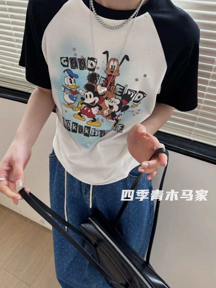 木马家 瘦瘦tee  两侧褶皱收身 卡通米奇插肩袖短袖T恤 小个子女