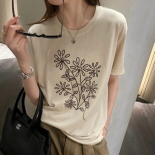 设计感前后刺绣花朵短袖T恤女 26夏季新款宽松显瘦慵懒风百搭上衣