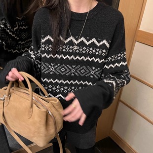 100%羊毛 新款费尔岛毛衣 软糯保暖提花条纹内搭套头针织衫女上衣