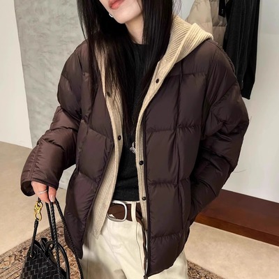 可拆卸针织帽假两件连帽羽绒服