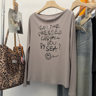 新款 木马家 T恤 简单舒适一字肩字母长袖 休闲打底女上衣 轻量时髦