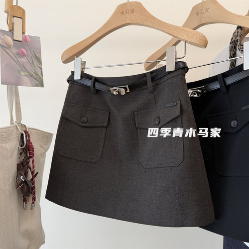 配腰带显瘦高腰A字小香风短裙