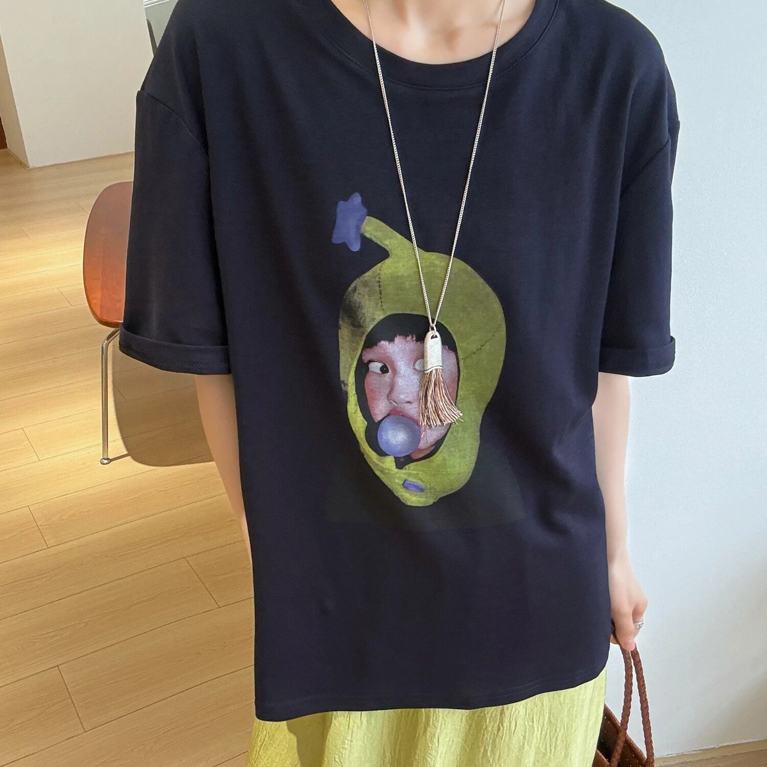 时髦感 人物印花 韩系宽松显瘦撞色短袖T恤 松弛感休闲减龄韩系女