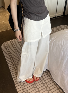 时尚标杆 薄款百搭白色假两件屁帘休闲裤 高腰阔腿裤宽松直筒长裤