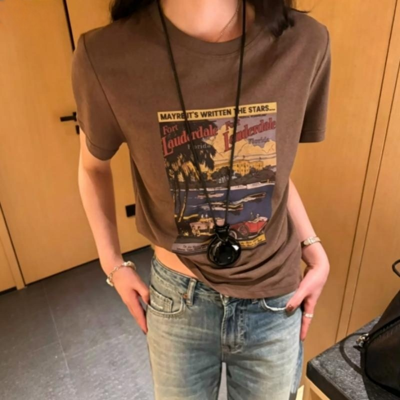 超显瘦正肩短袖T恤 美式汽车游艇印花休闲套头小个子休闲套头tee