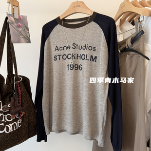 木马家 %29.9羊绒 显瘦插肩袖 简约字母宽松套头圆领针织衫女上衣