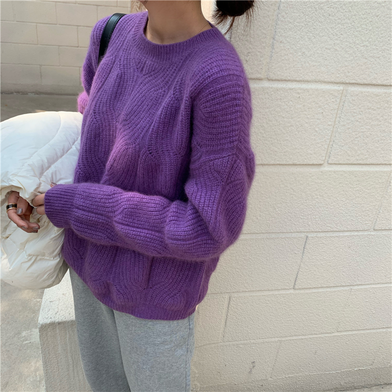 紫色羊绒毛衣女套头 2020秋冬新款 宽松慵懒风显瘦舒适麻花纹上衣