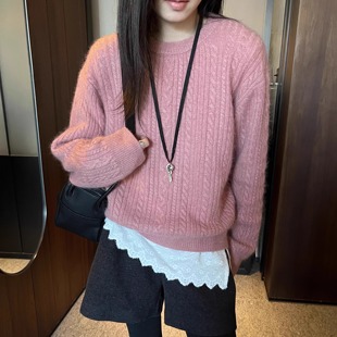 小麻花套头内搭羊毛针织衫 圆领长袖 女 软糯柔软山羊绒毛衣 亮色系