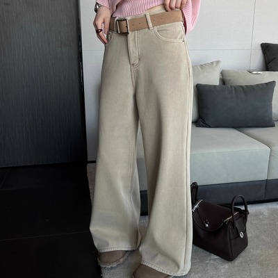 冬季米杏色加绒牛仔裤