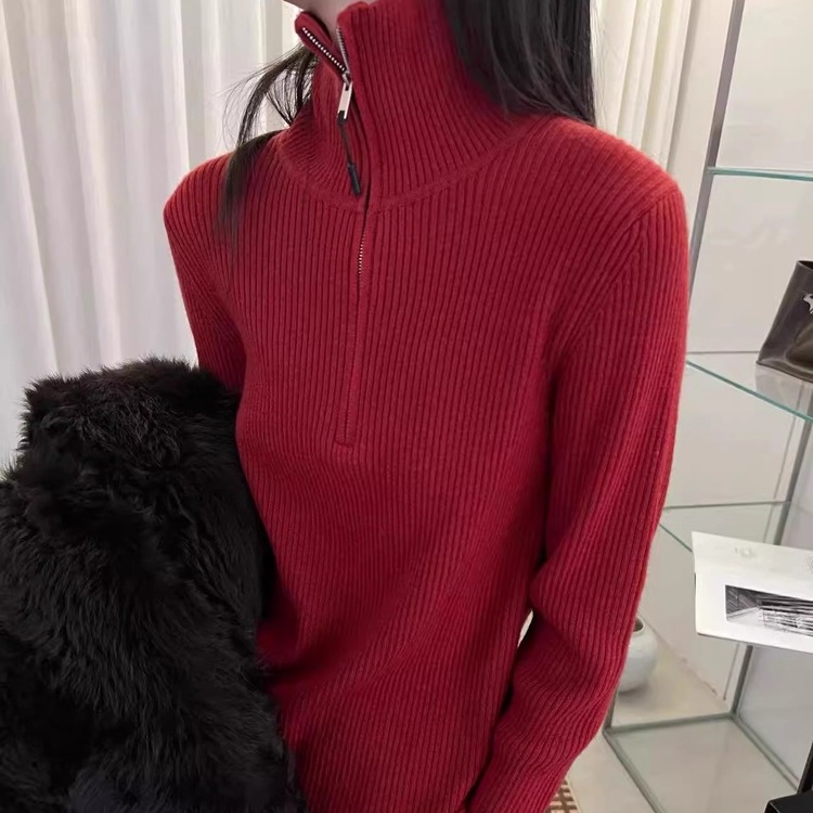 半拉链高领立领绵羊毛针织衫