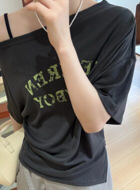 韩版斜肩字母印花短袖T恤2026夏季新款女修身显瘦小个子百搭上衣