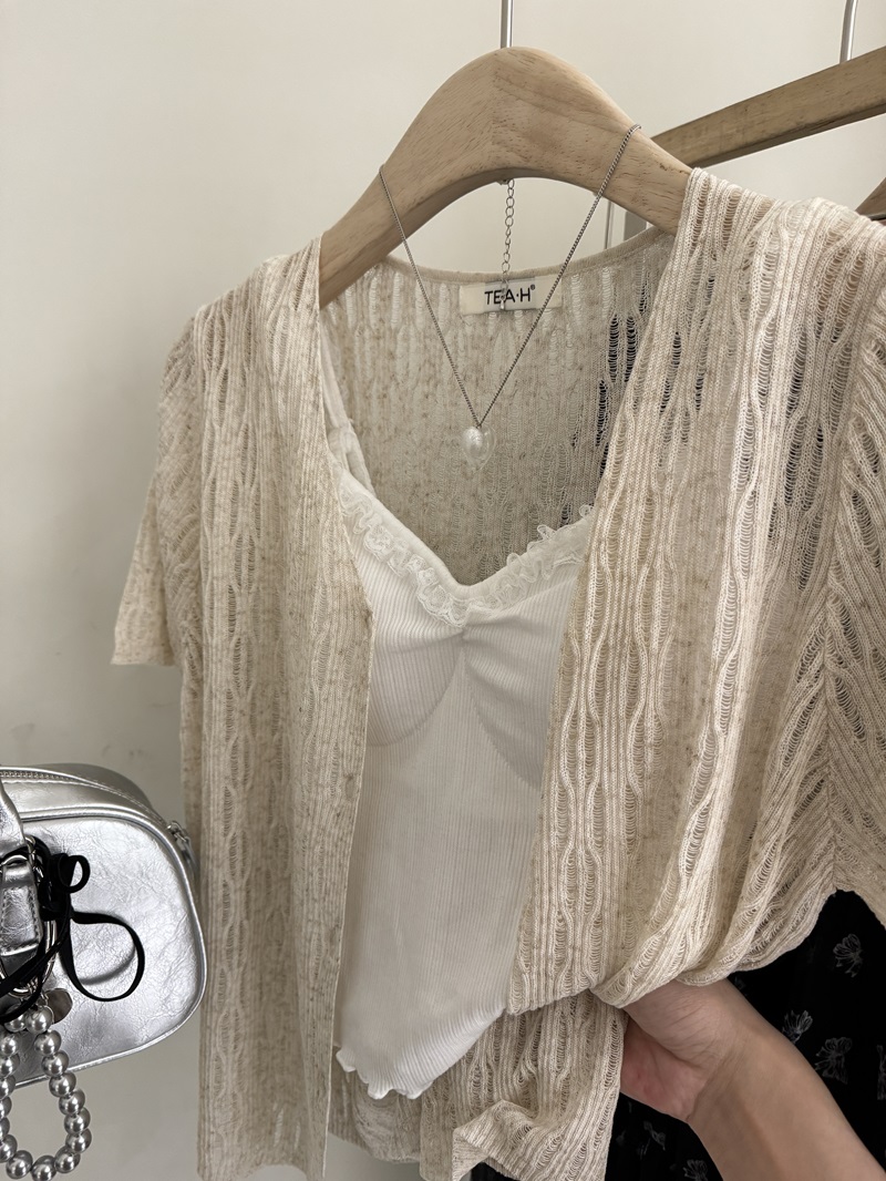 TEA H韩国首尔设计款 夏季薄款镂空短袖针织衫 休闲V领纯色开衫女