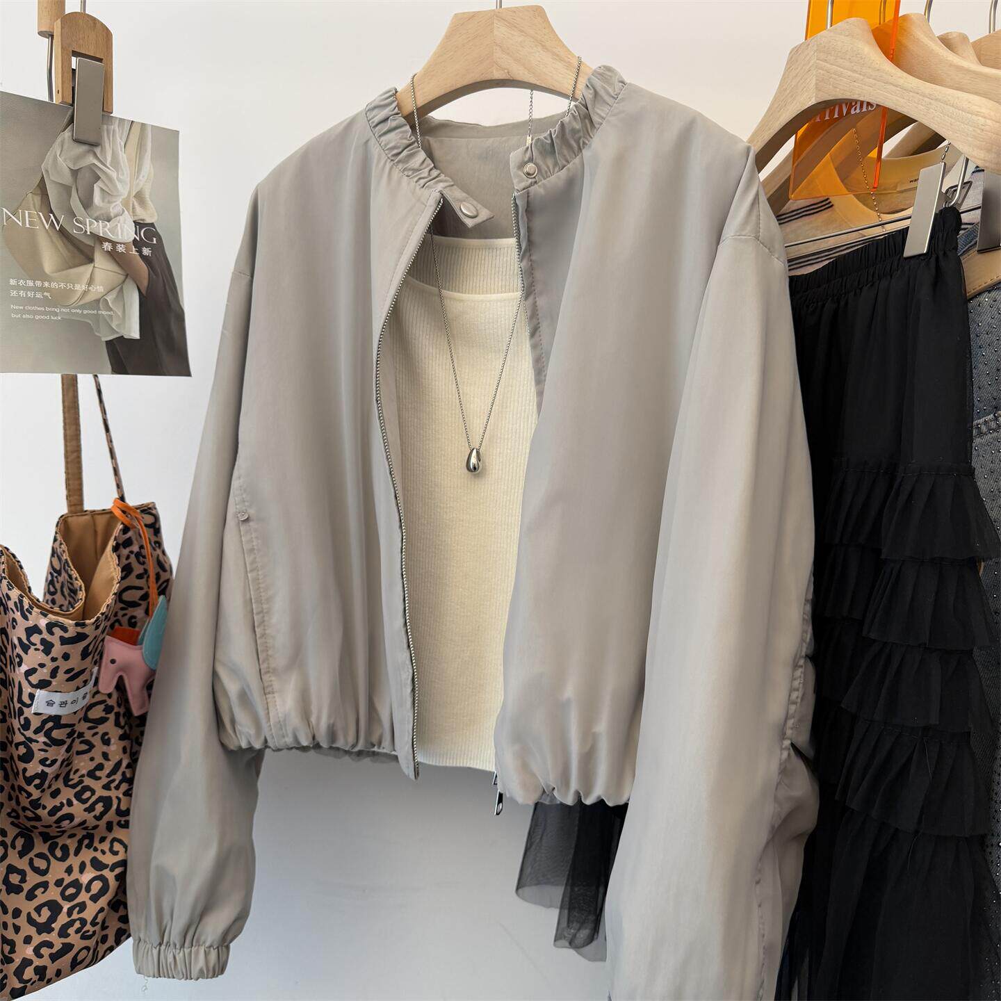 木马家 韩国26春装新款休闲宽松立领短外套 双拉链纯色夹克女上衣