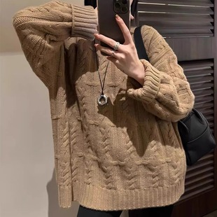 欧货 新款 加厚麻花大版 冬季 宽松圆领羊毛毛衣套头女上衣 全羊毛