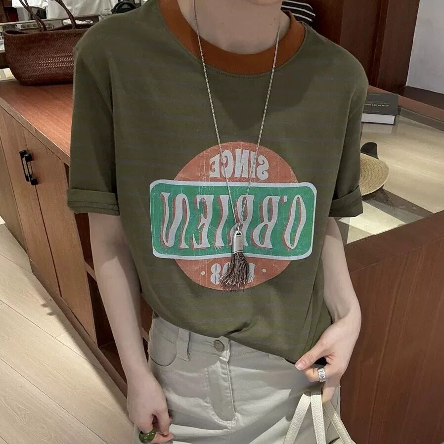 好好看的美式字母1998印花休闲撞色宽松短袖T恤女夏季新款套头tee