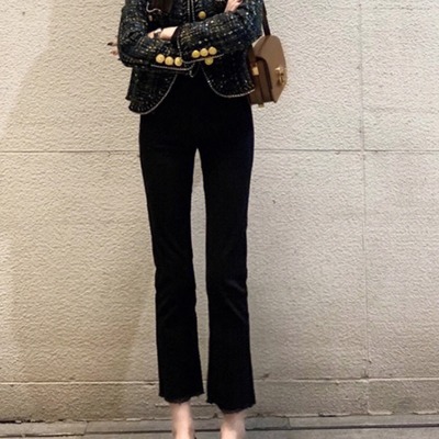 2025新款黑色高腰毛边微喇牛仔裤女小个子九分弹力显瘦修身喇叭裤