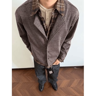 【EME】25FW秋季假两件拼接老钱风人夫感衬衫领针织衫外套休闲