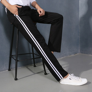夏季薄款休闲裤纯棉男两道杠运动长裤直筒针织卫裤二道杠校服裤
