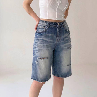 韩国HowLuk代购2025夏季女装松紧腰无弹性做旧破洞五分牛仔中裤