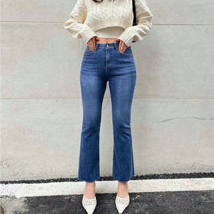 韩国HowLuk代购2025秋季女装新款高腰弹力简约剪裁九分微喇牛仔裤