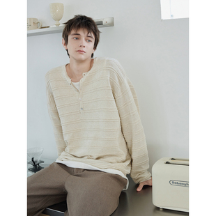 薄毛衣 慵懒老钱短款 衣疫 亚麻莱赛尔混色条纹提花亨利领针织衫