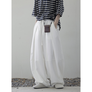 夏 休闲裤 衣疫 高支天丝棉白色茧型简约分割廓形抽绳宽松气球裤