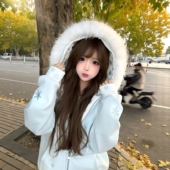 国潮Baby蓝雪花刺绣连帽毛领卫衣外套女加绒保暖学院风小个子上衣