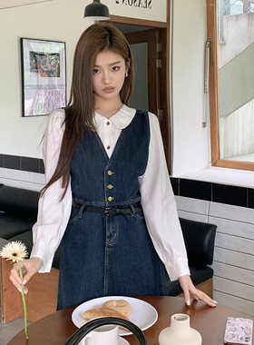 维忆Rae新款休闲复古连衣裙女V领小个蓝色牛仔背心裙搭衬衫