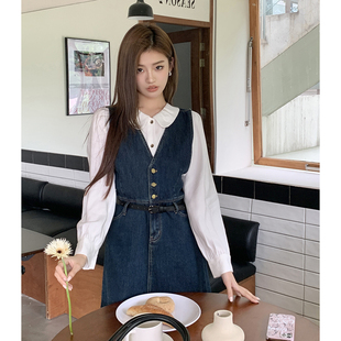 维忆Rae新款 休闲复古连衣裙女V领小个蓝色牛仔背心裙搭衬衫