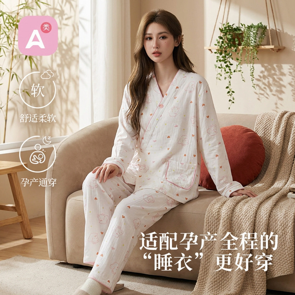新款纯棉纱布可爱泰迪月子服套装春秋夏季薄款孕妇产后哺乳睡衣套