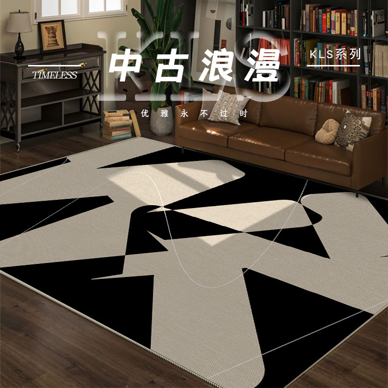 法式黑白线条地毯客厅高级圈绒卧室网红床边毯地垫防水耐脏沙发毯