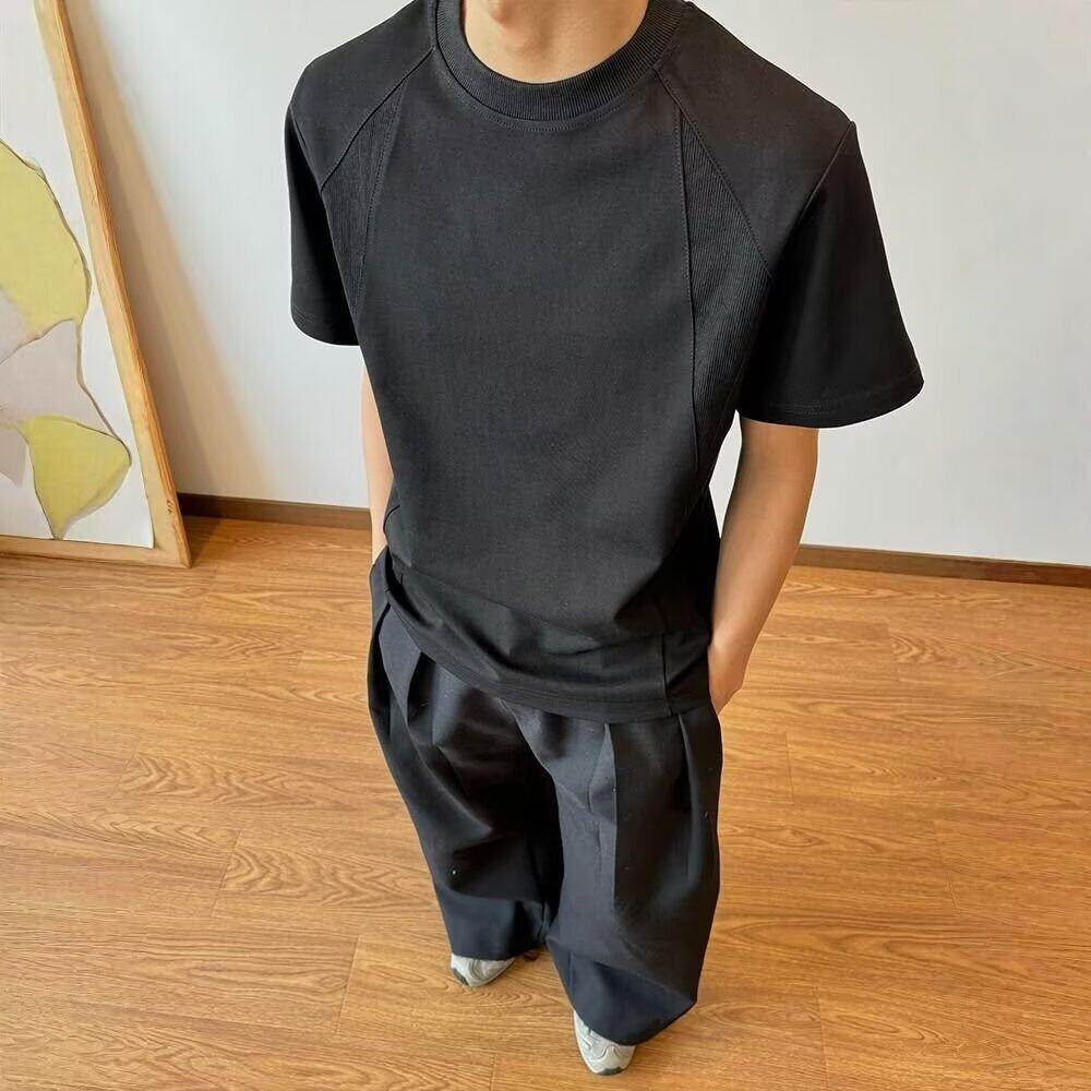 夏季新款2026美式修身短袖男简约潮牌宽松高级感痞帅拼接黑色T恤
