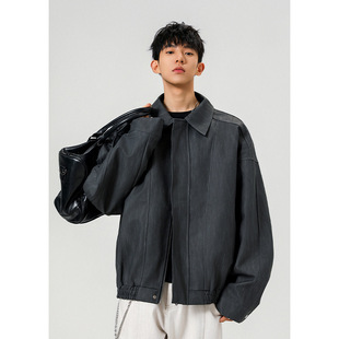 新款 大码 春季 扎染翻领PU皮男士 潮流痞帅皮衣外套 夹克cleanfit美式