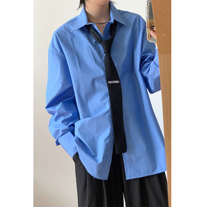 林弯弯春秋高级感宽松纯色长袖衬衫男女慵懒风休闲雾霾蓝衬衣外套