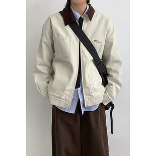 重磅水洗美式 重磅外套春 复古巴恩风撞色翻领夹克男女生底特律工装