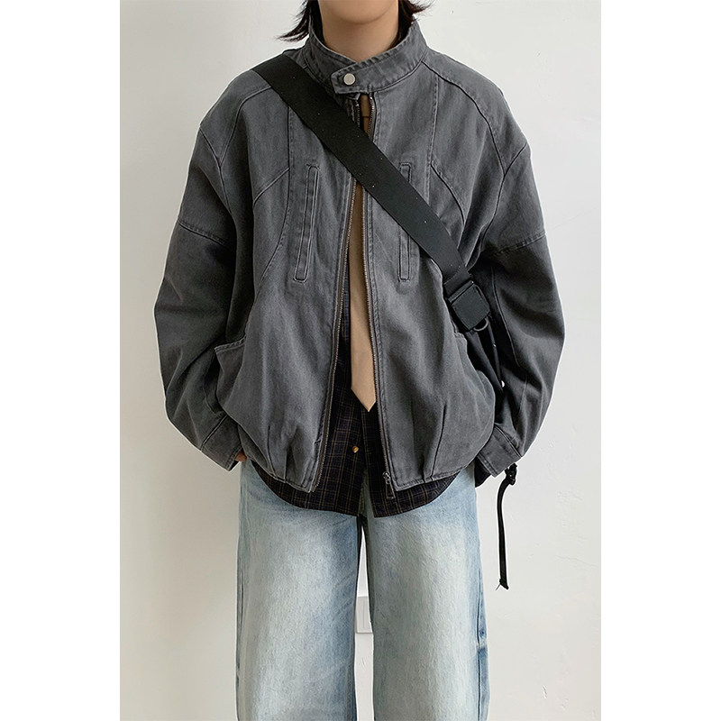 巴恩风立领工装夹克男女生春秋水洗做旧vintage棒球服机车服外套