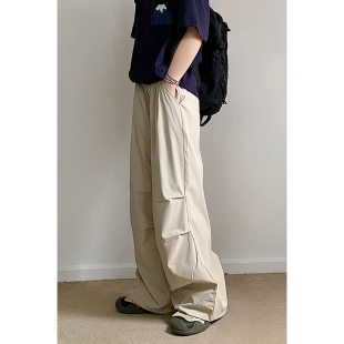 春夏 休闲垂感长裤 林弯弯日系凉感褶皱复古纯色宽松阔腿裤 伞兵薄款