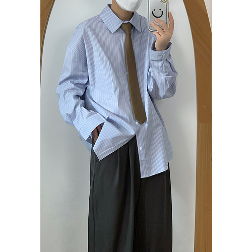 翻领长袖日系复古条纹衬衫