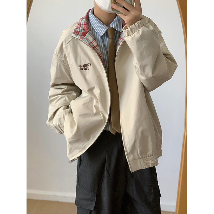 翻领春秋宽松两面穿格子夹克