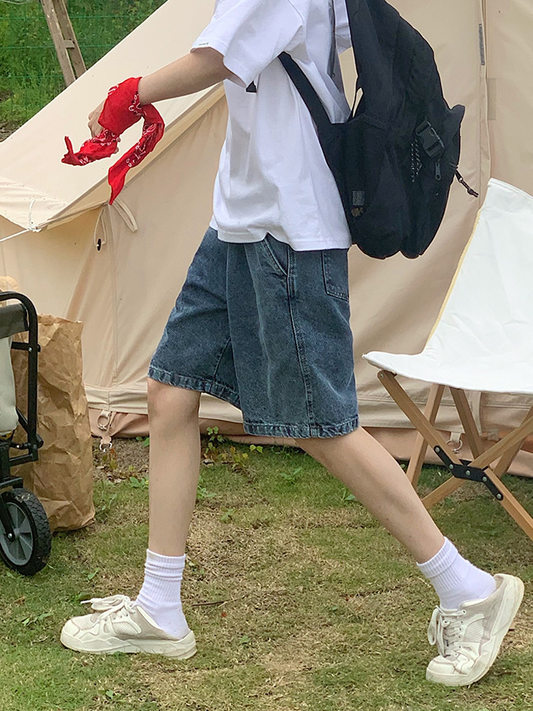 夏季cleanfit情侣复古水洗纯色五分牛仔短裤男女直筒阔腿休闲中裤
