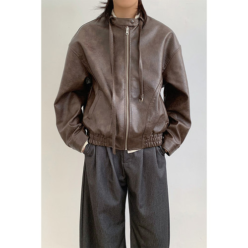 美拉德春日系复古做旧机车服皮衣男女宽松防风机车情侣皮夹克外套