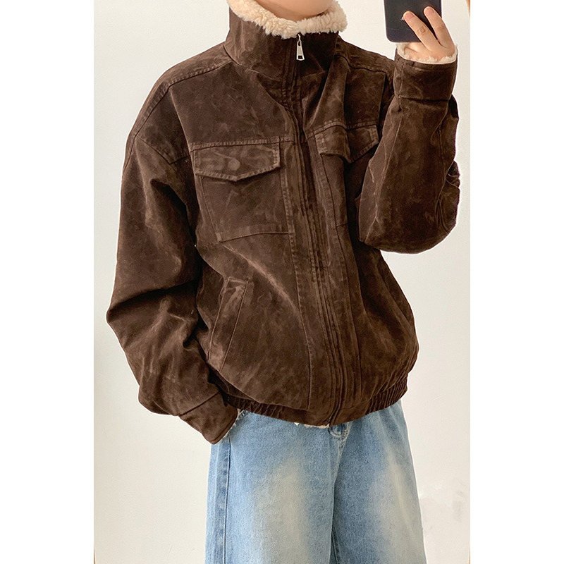 林弯弯日系工装美拉德立领羊羔毛加厚保暖棉衣外套男女灯芯绒棉服