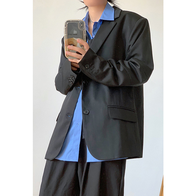 林弯弯春秋西装外套男女韩国宽松设计感黑色垂感气质单西休闲西服