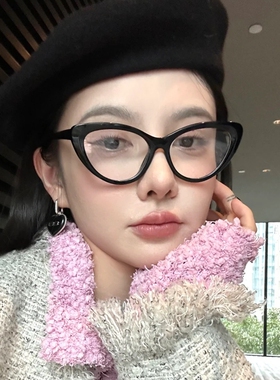 网红同款黑色猫眼近视眼镜女时尚素颜神器透明TR90框架圆脸有度数