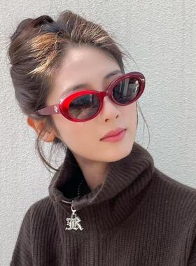 新款复古椭圆猫眼红色墨镜小脸女