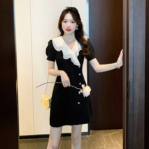 RM10015#短袖法式气质连衣裙2023夏季新款收腰显瘦韩版中长款小个子小黑裙